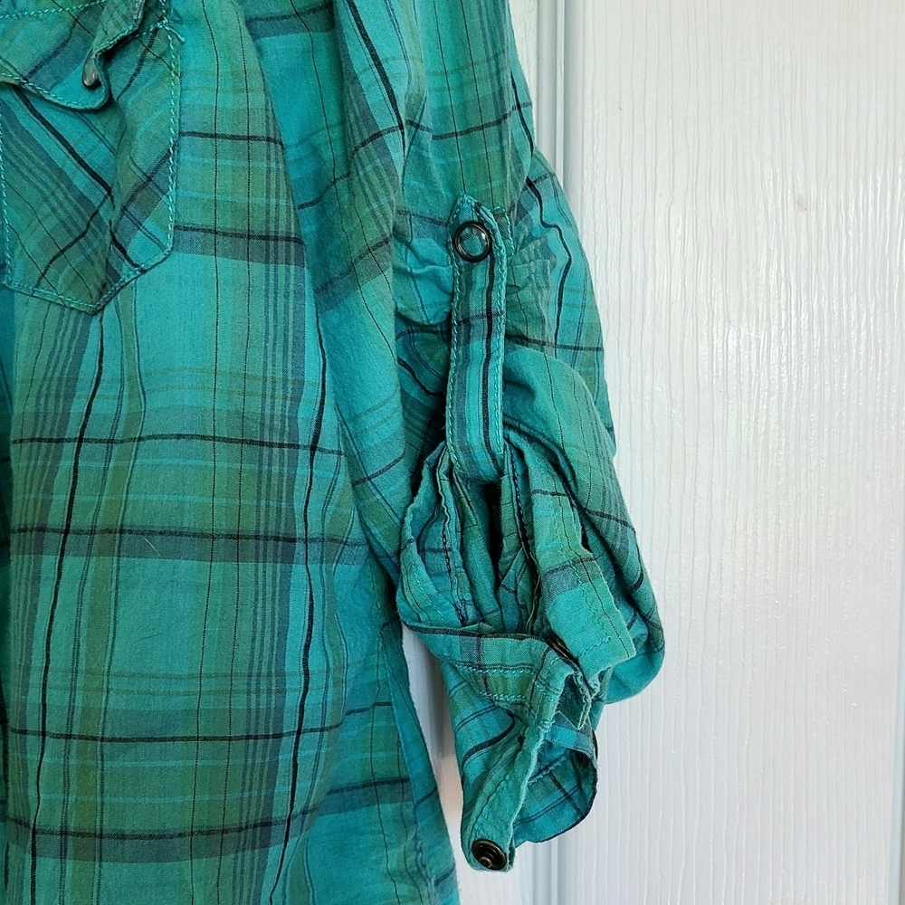 Mossimo Supply Co. Aqua/Green Plaid Cotten Button-Up Shirt Size Small Womens - Picture 3 of 7